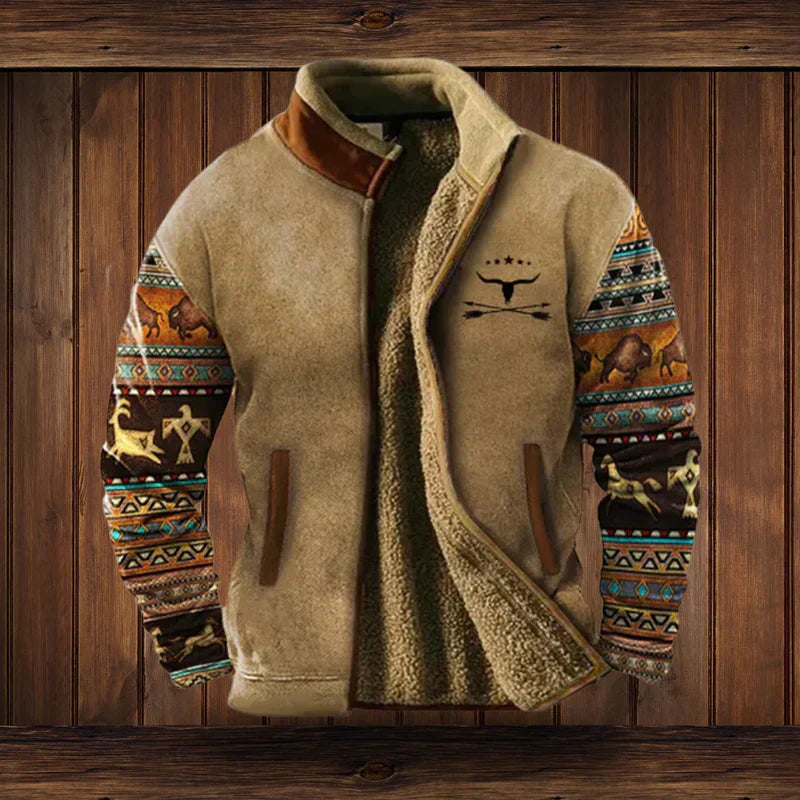 Blaise | Men’s Western-Style Winter Jacket – Fleece Lining & Ethnic Pattern for Cold-Weather Comfort