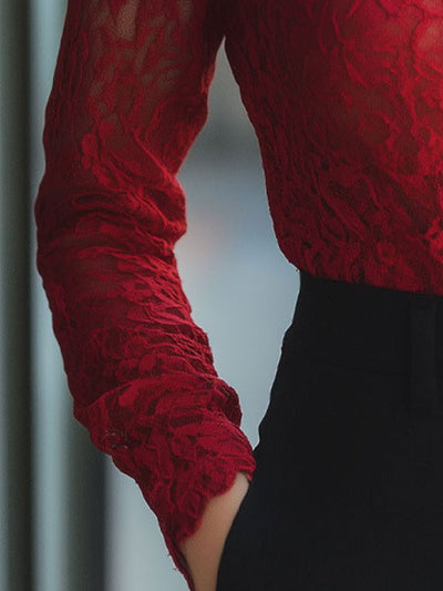 Véronique | Elegant Floral Semi-Transparent Blouse with High Collar