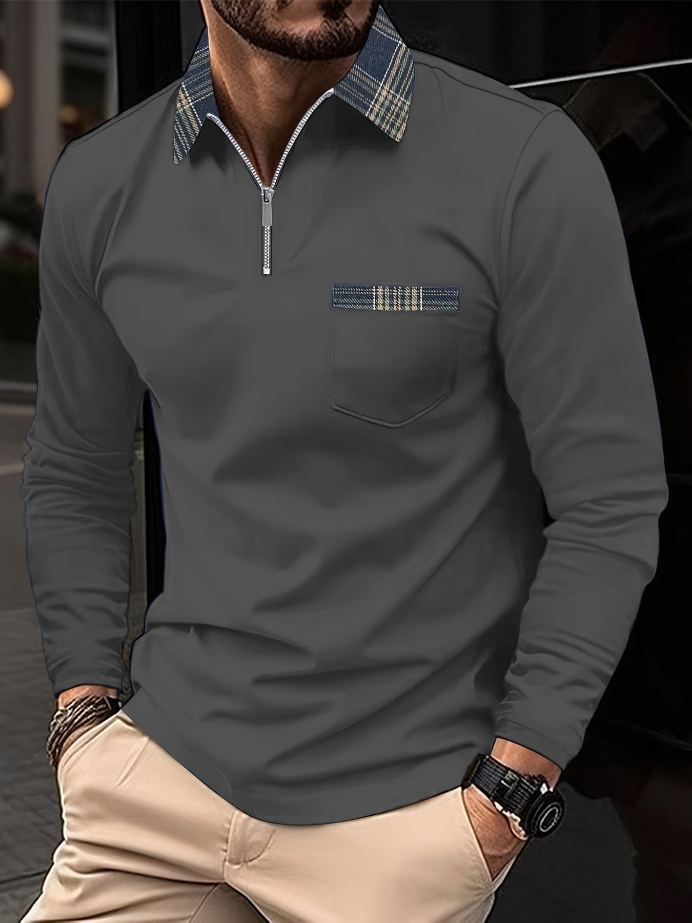 Boone | Men’s Long-Sleeve Polo – Zip Collar & Classic Check Pattern