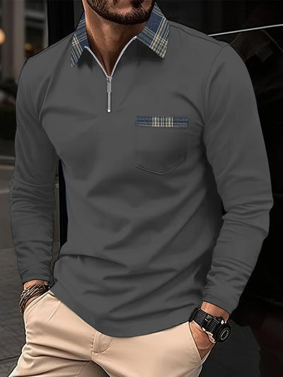 Boone | Men’s Long-Sleeve Polo – Zip Collar & Classic Check Pattern