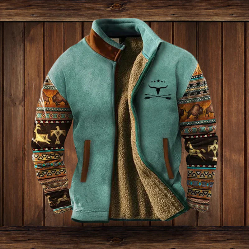 Blaise | Men’s Western-Style Winter Jacket – Fleece Lining & Ethnic Pattern for Cold-Weather Comfort