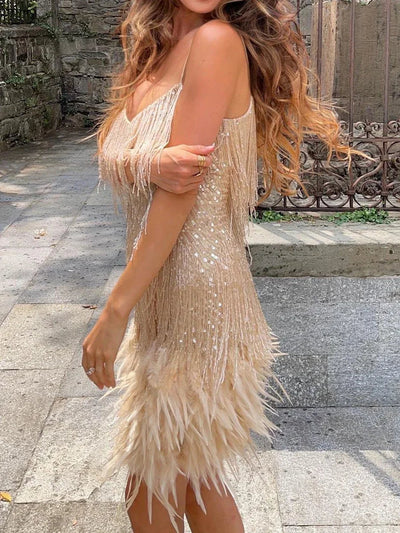 Lumia | Women’s Feather-Trim Shimmer Mini Dress