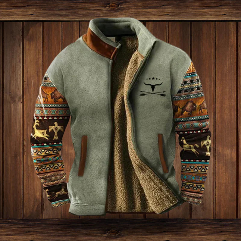 Blaise | Men’s Western-Style Winter Jacket – Fleece Lining & Ethnic Pattern for Cold-Weather Comfort