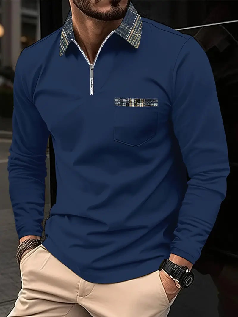 Boone | Men’s Long-Sleeve Polo – Zip Collar & Classic Check Pattern