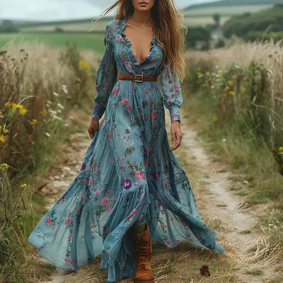 Aaliyah | Bohemian Floral Print Maxi Dress with Long Sleeves