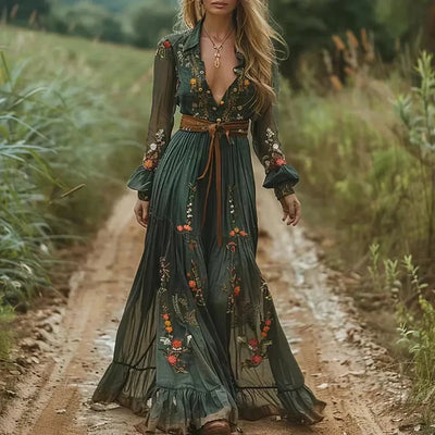 Aaliyah | Bohemian Floral Print Maxi Dress with Long Sleeves