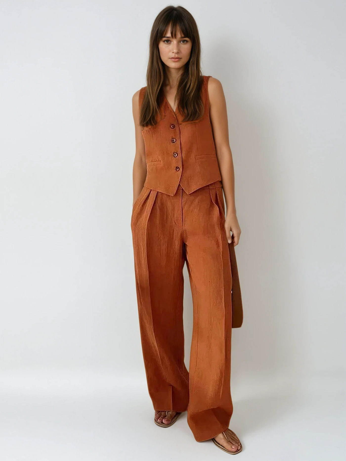 Gracely | Kvinders Cotton-Linen Vest & Wide-Leg Bukse Sæt