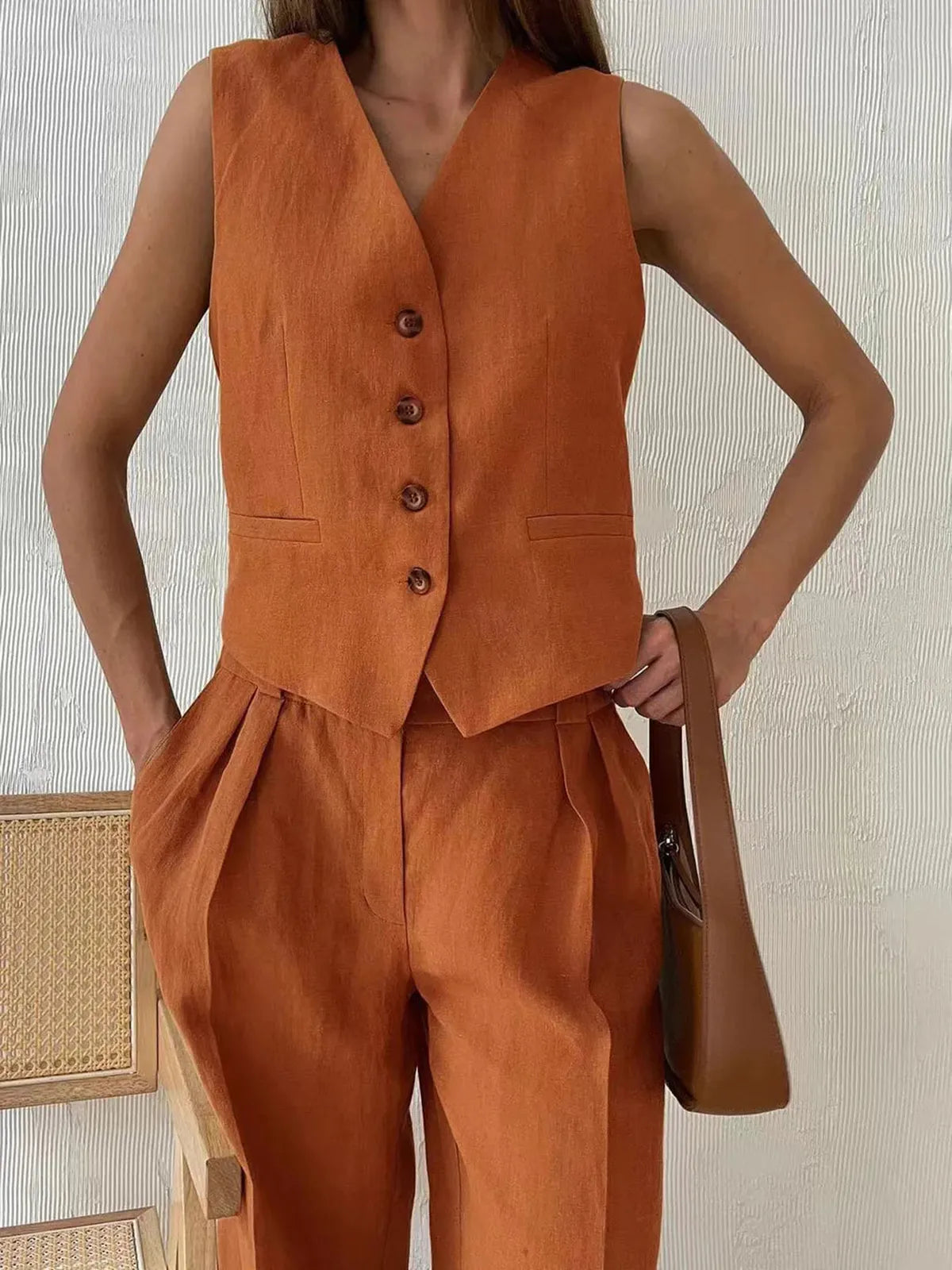 Gracely | Kvinders Cotton-Linen Vest & Wide-Leg Bukse Sæt