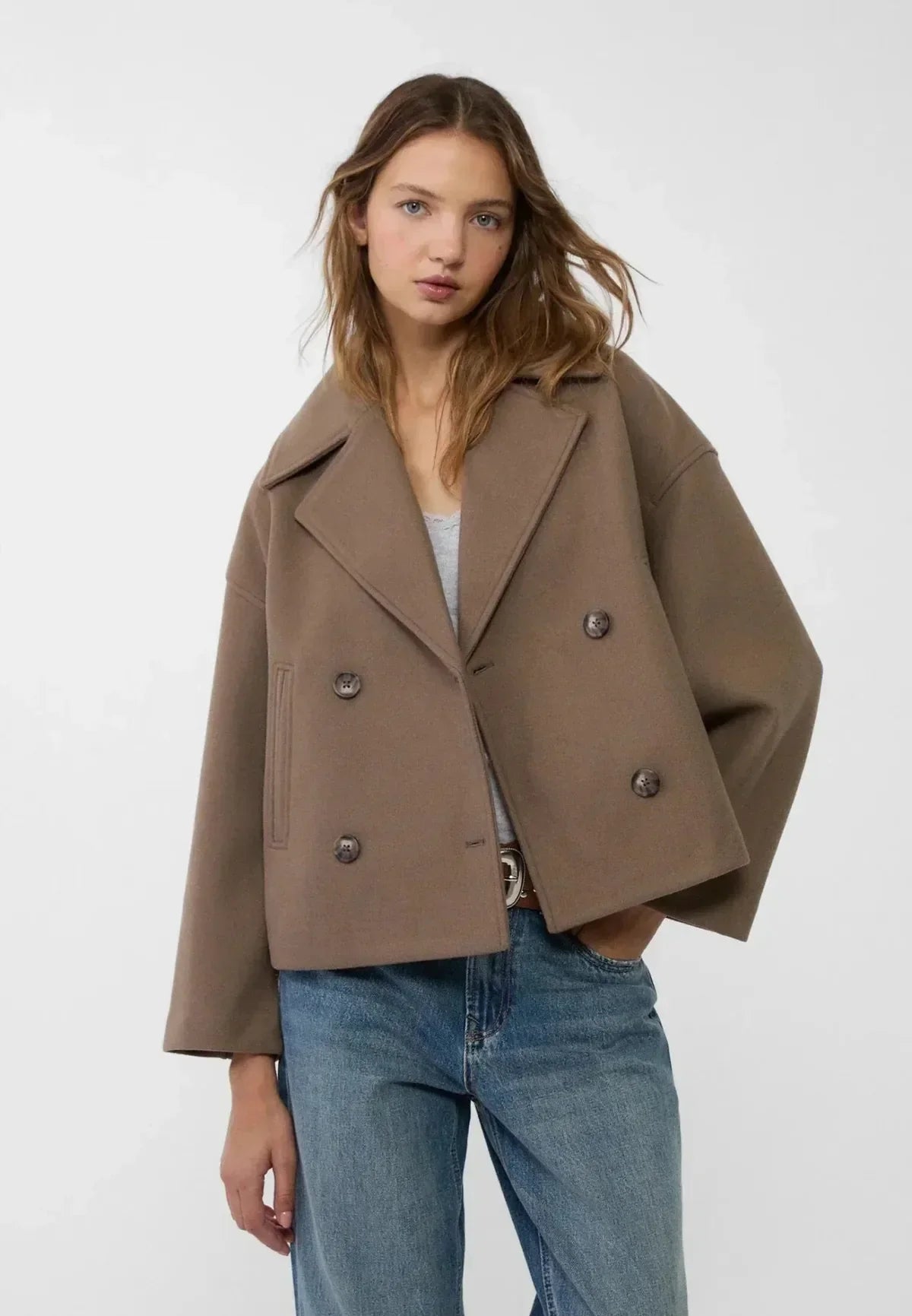Aliana | Cropped Oversized Double-Breasted Wool Blend Jacket