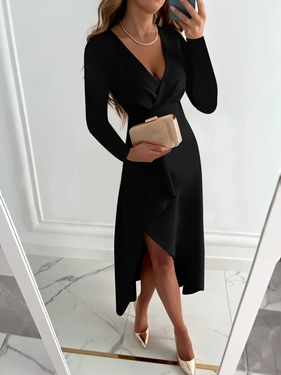 Aven | Elegant V-Neck Sheath Midi Dress with Slit Design