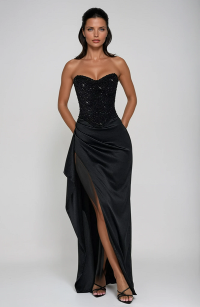 Aubrielle | Kvinders Beaded Corset Satin Maxi Dress