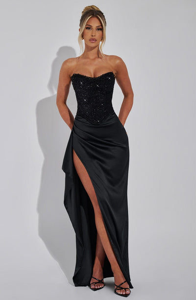 Aubrielle | Kvinders Beaded Corset Satin Maxi Dress