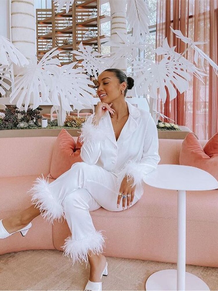 Sianna | Women’s Two-Piece Feather Trim Satin Set