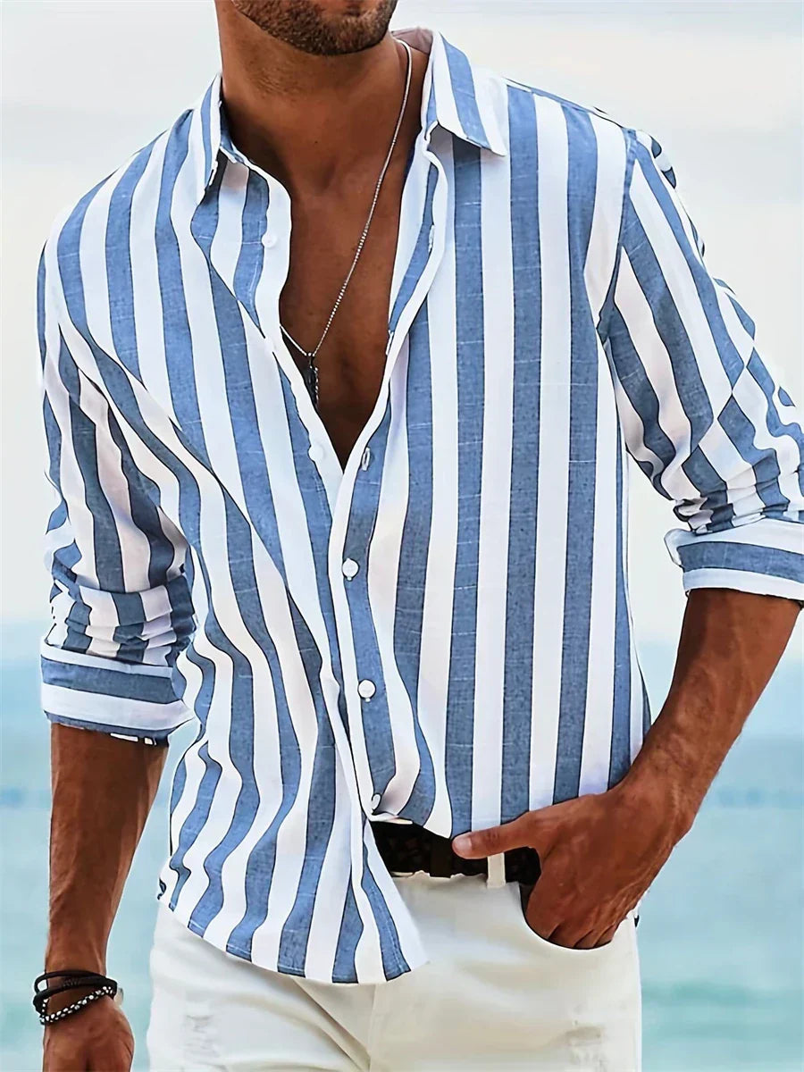 Atlas | Men’s Summer Shirt – Light Blue Striped Linen-Cotton Blend
