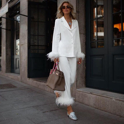 Sianna | Women’s Two-Piece Feather Trim Satin Set