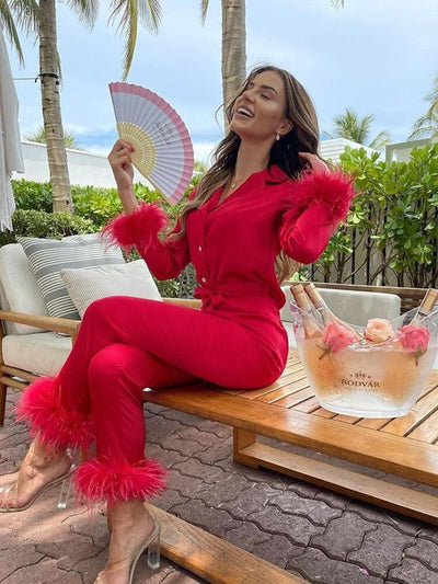 Sianna | Women’s Two-Piece Feather Trim Satin Set