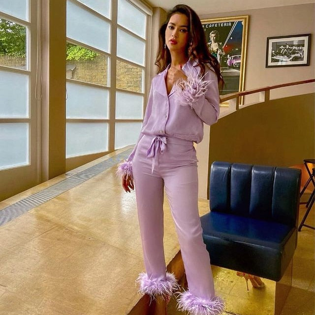 Sianna | Women’s Two-Piece Feather Trim Satin Set