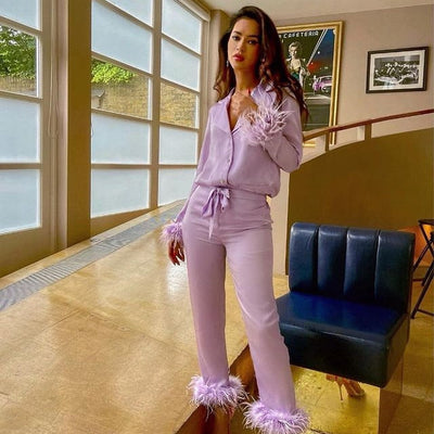 Sianna | Women’s Two-Piece Feather Trim Satin Set