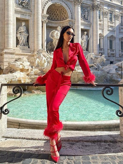 Sianna | Women’s Two-Piece Feather Trim Satin Set