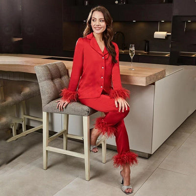 Sianna | Women’s Two-Piece Feather Trim Satin Set