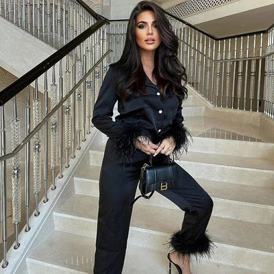 Sianna | Women’s Two-Piece Feather Trim Satin Set