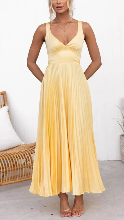 Jiesel | Women’s Yellow Pleated V-Neck Maxi Dress