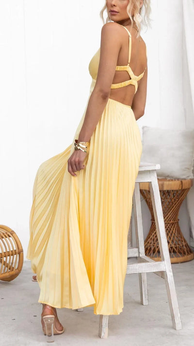 Jiesel | Women’s Yellow Pleated V-Neck Maxi Dress