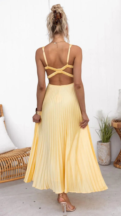 Jiesel | Women’s Yellow Pleated V-Neck Maxi Dress