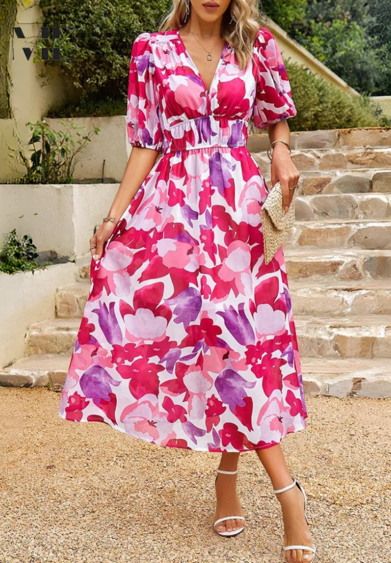 Roxanne | Women’s Floral Puff-Sleeve Midi Dress