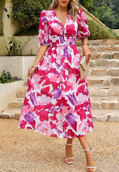 Roxanne | Women’s Floral Puff-Sleeve Midi Dress