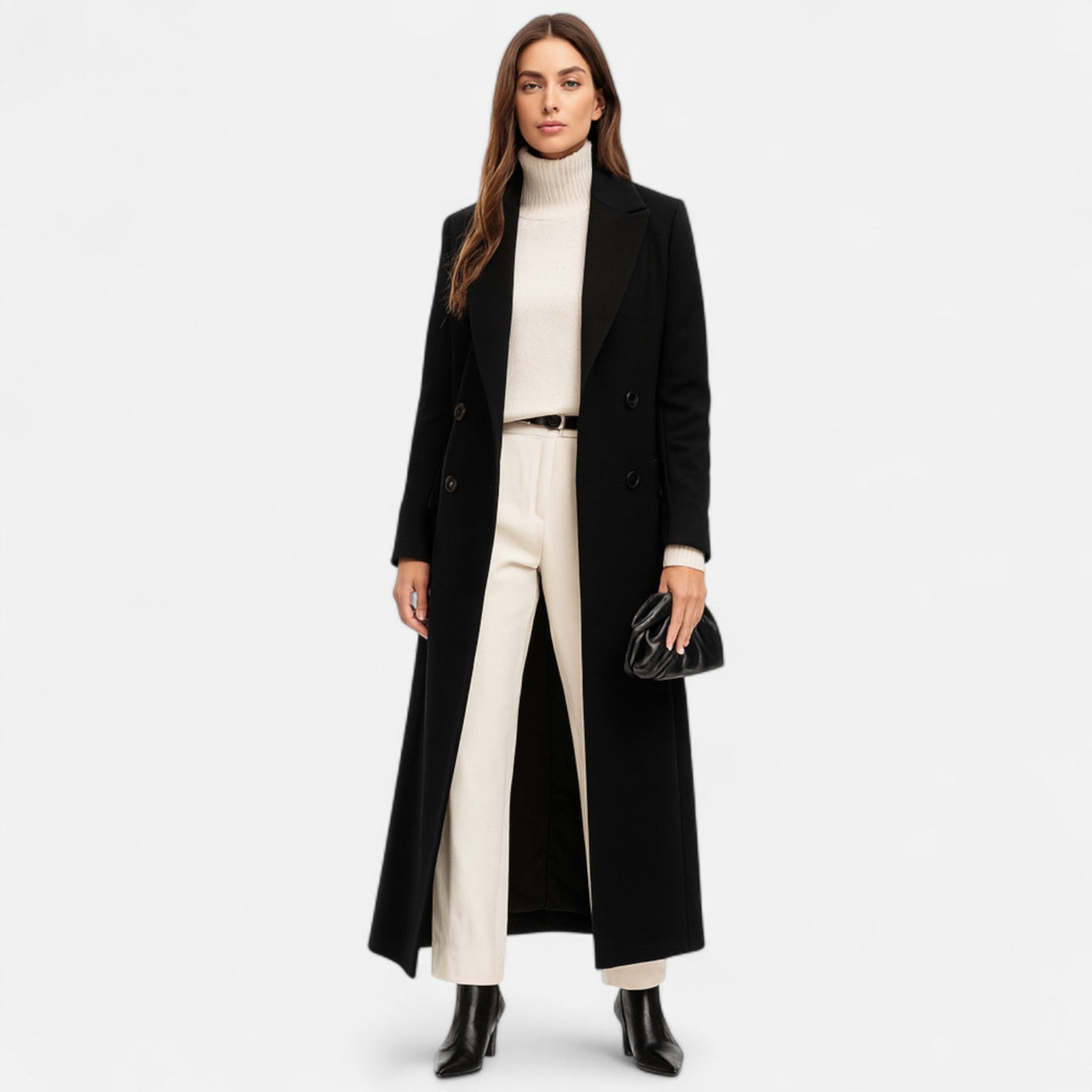 Skye | Women’s Black Maxi Overcoat – Longline Tailored Outerwear for All-Season Elegance