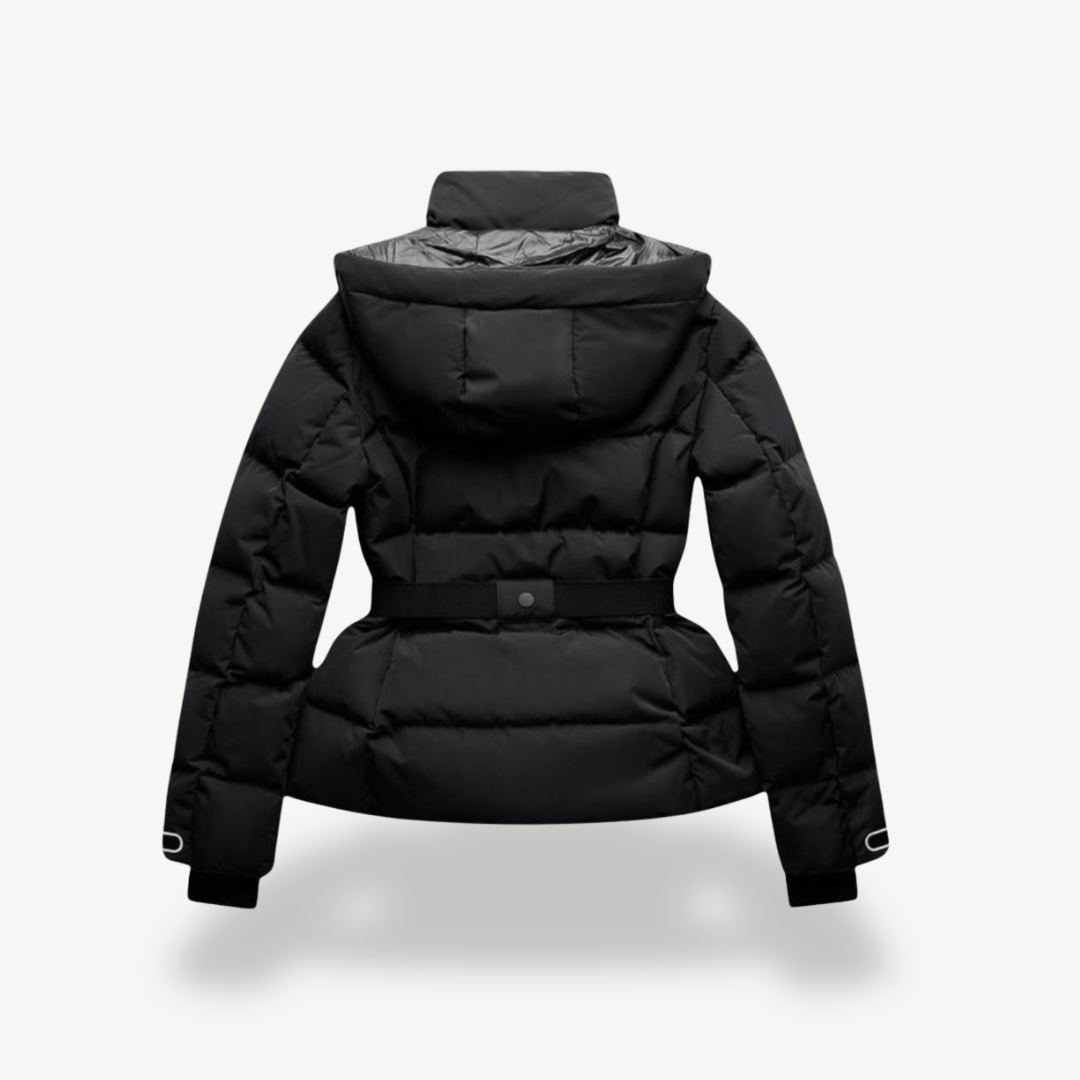 Cam | Women’s Black Puffer Jacket – Belted, Water-Resistant, Insulated
