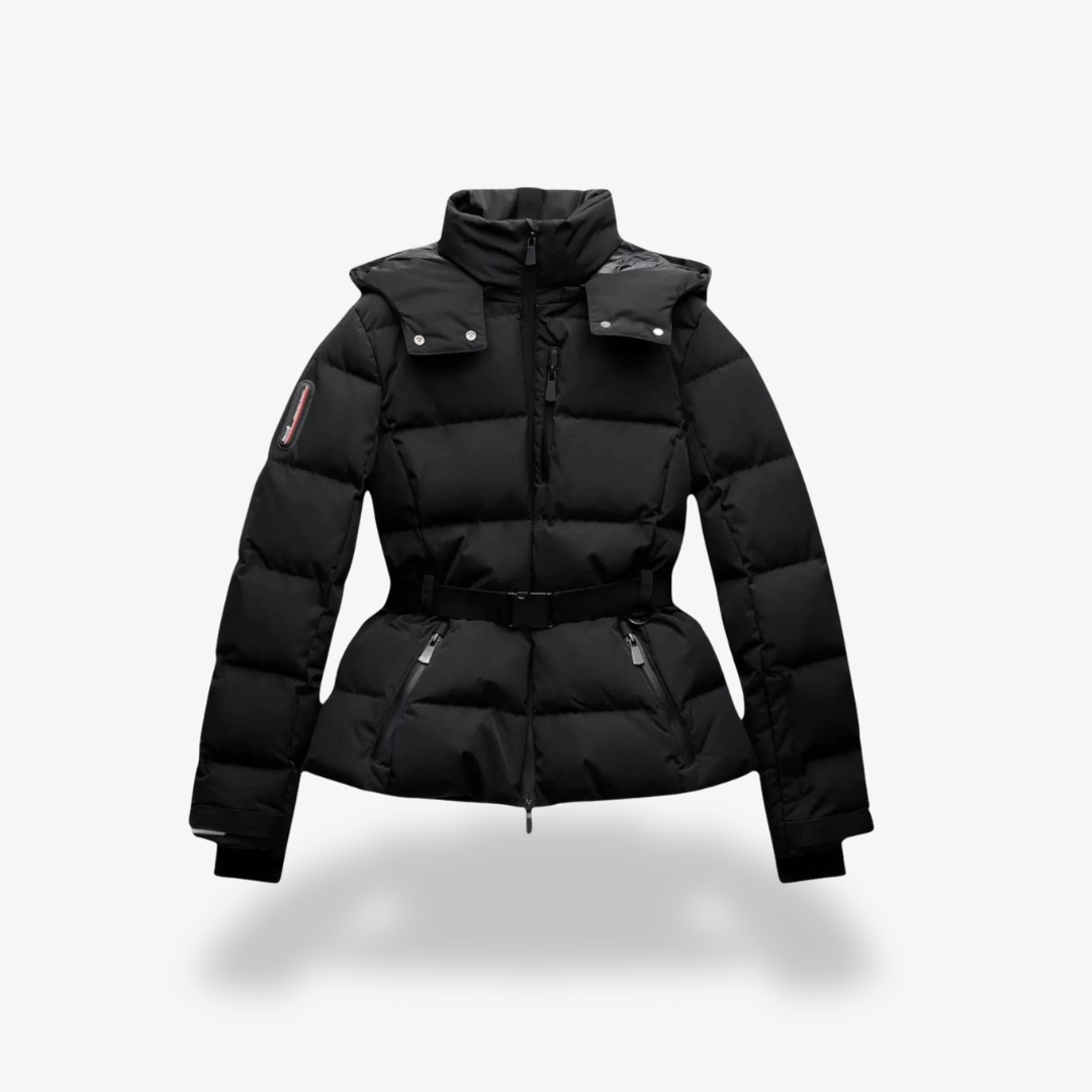 Cam | Women’s Black Puffer Jacket – Belted, Water-Resistant, Insulated