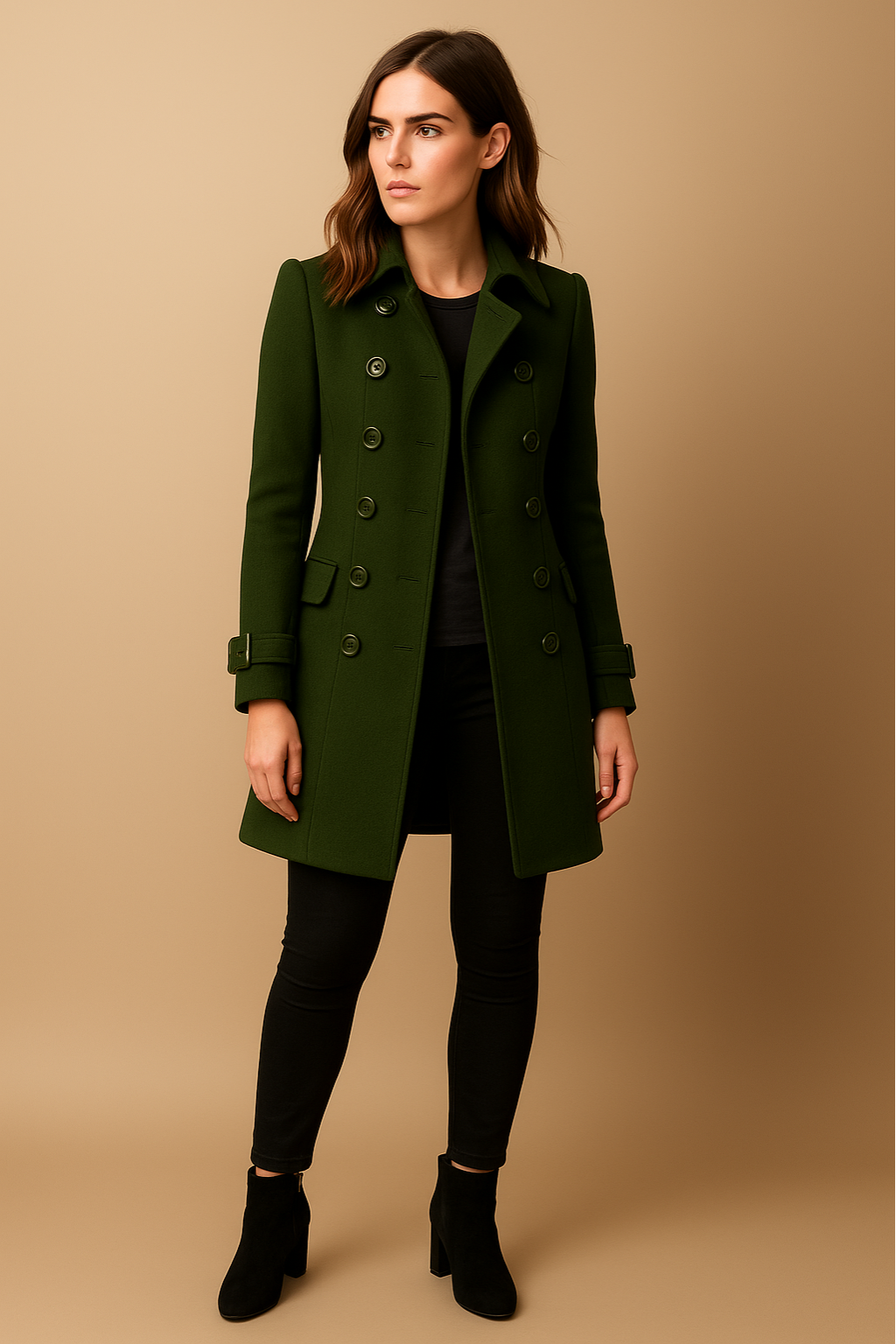 Beatrice | Women’s Long Coat – Double-Breasted, Mid-Length, Classic Collar