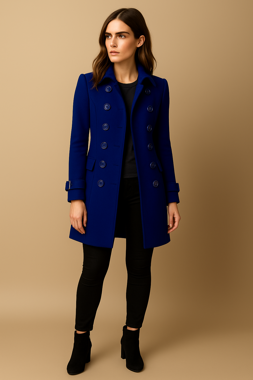 Beatrice | Women’s Long Coat – Double-Breasted, Mid-Length, Classic Collar