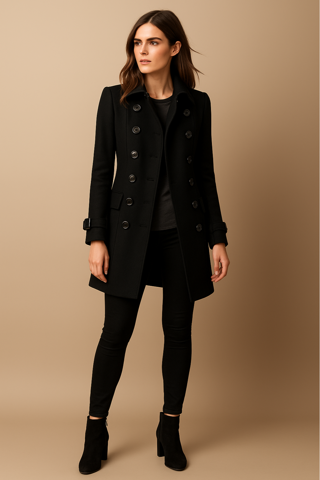 Beatrice | Women’s Long Coat – Double-Breasted, Mid-Length, Classic Collar