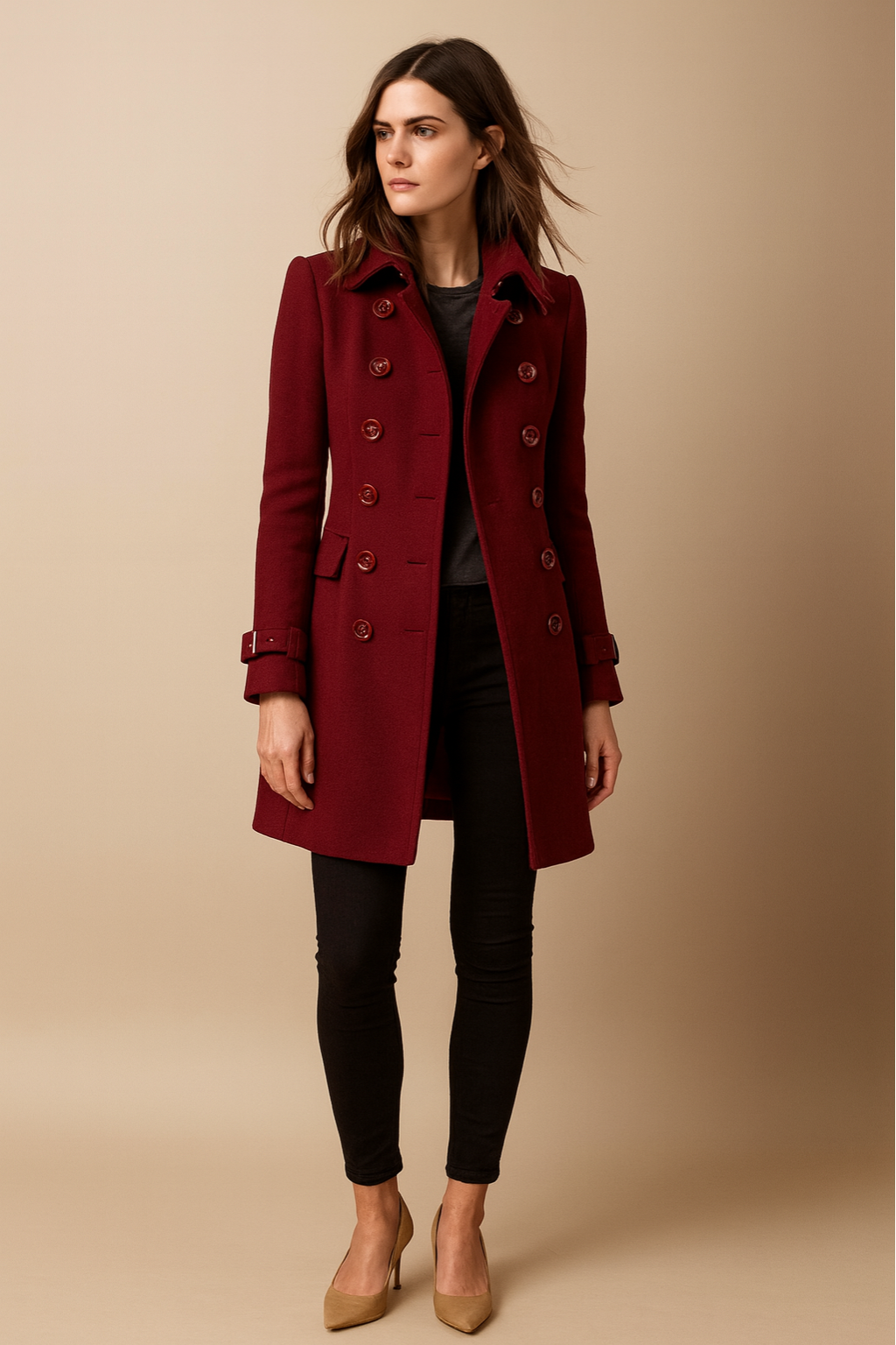 Beatrice | Women’s Long Coat – Double-Breasted, Mid-Length, Classic Collar