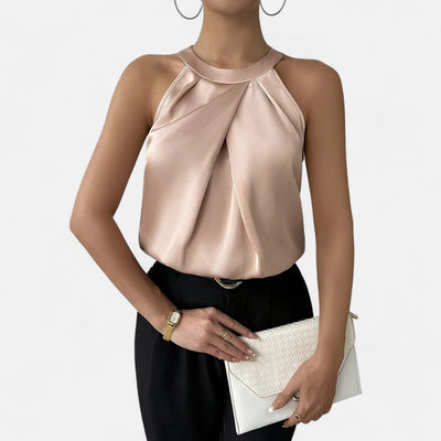 Theodora | Women’s Satin Blouse – Pleated Halter Style