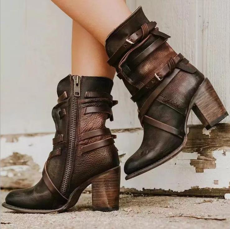 Brienna | Women’s Distressed Leather Ankle Boots – Buckles & Chunky Heel