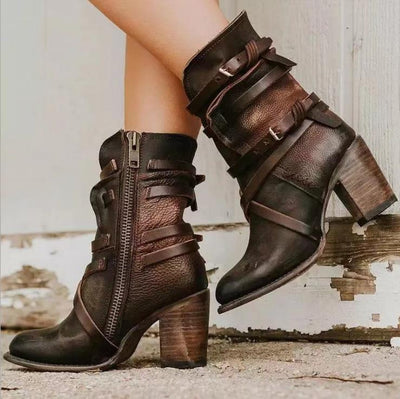 Brienna | Women’s Distressed Leather Ankle Boots – Buckles & Chunky Heel