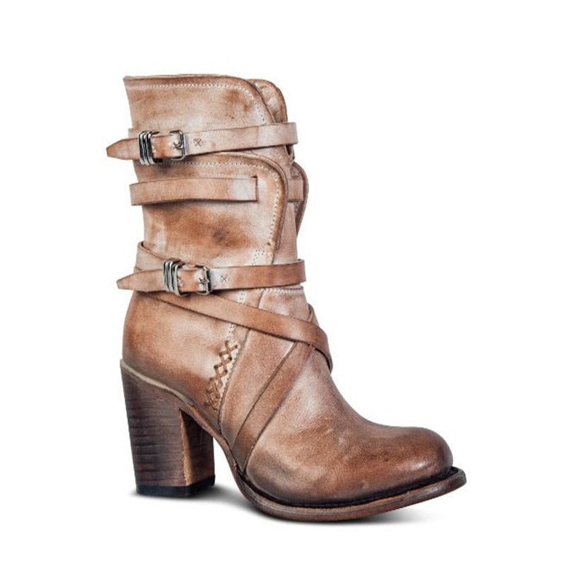 Brienna | Women’s Distressed Leather Ankle Boots – Buckles & Chunky Heel