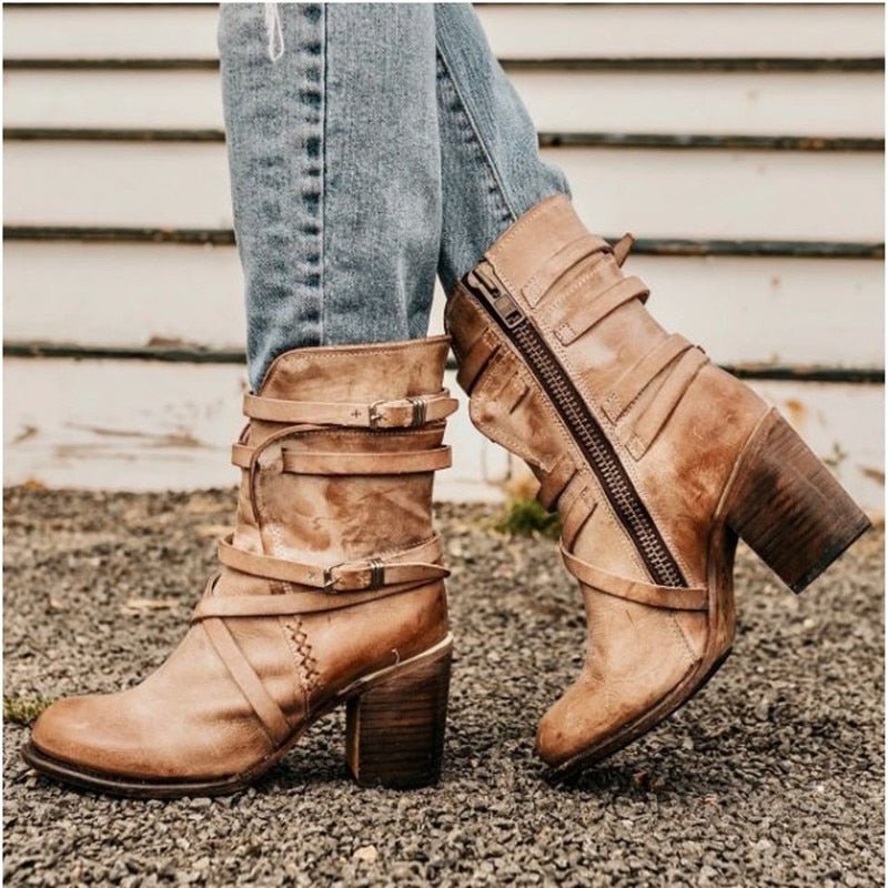 Brienna | Women’s Distressed Leather Ankle Boots – Buckles & Chunky Heel