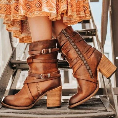 Brienna | Women’s Distressed Leather Ankle Boots – Buckles & Chunky Heel