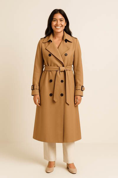Camille | Women’s Double-Breasted Trench Coat – Belted Waist – Classic Fit
