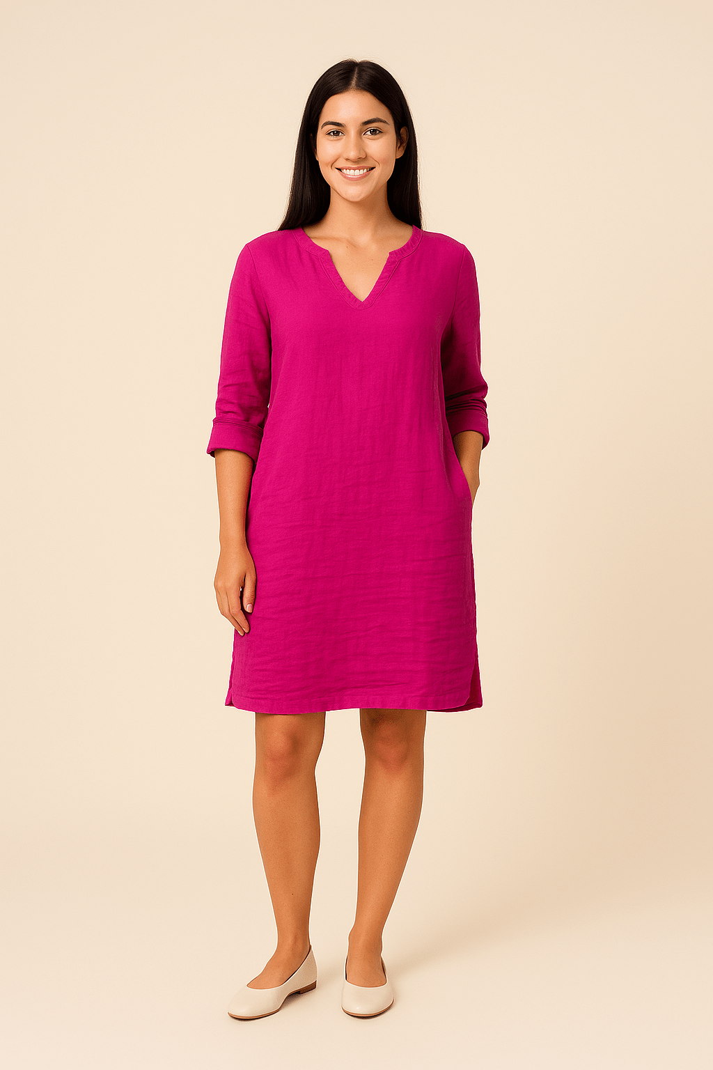 Ailsa | Lightweight Linen V-Neck Dress with Side Pockets – Effortless Summer Ease