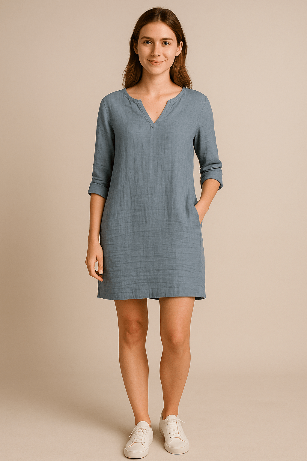 Ailsa | Lightweight Linen V-Neck Dress with Side Pockets – Effortless Summer Ease