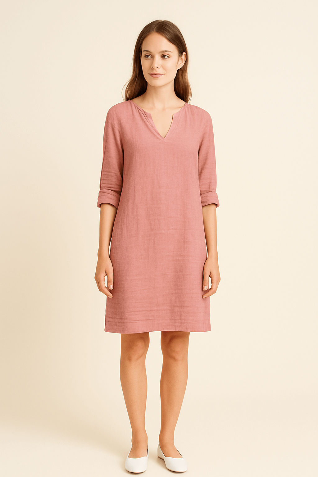 Ailsa | Lightweight Linen V-Neck Dress with Side Pockets – Effortless Summer Ease