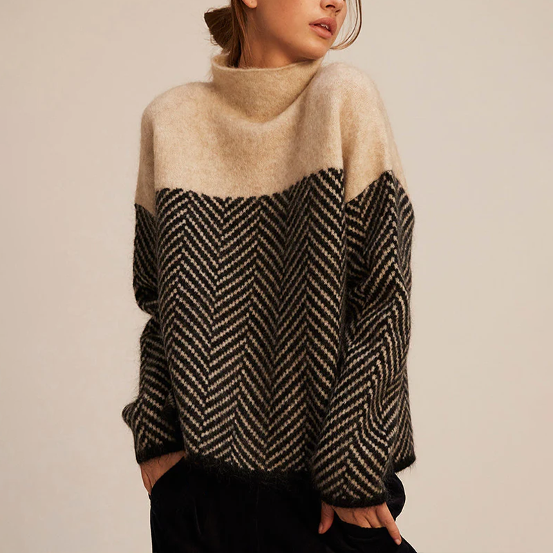 Arla | Women’s Cashmere Turtleneck Sweater – Warm, Relaxed Fit with Chevron Pattern
